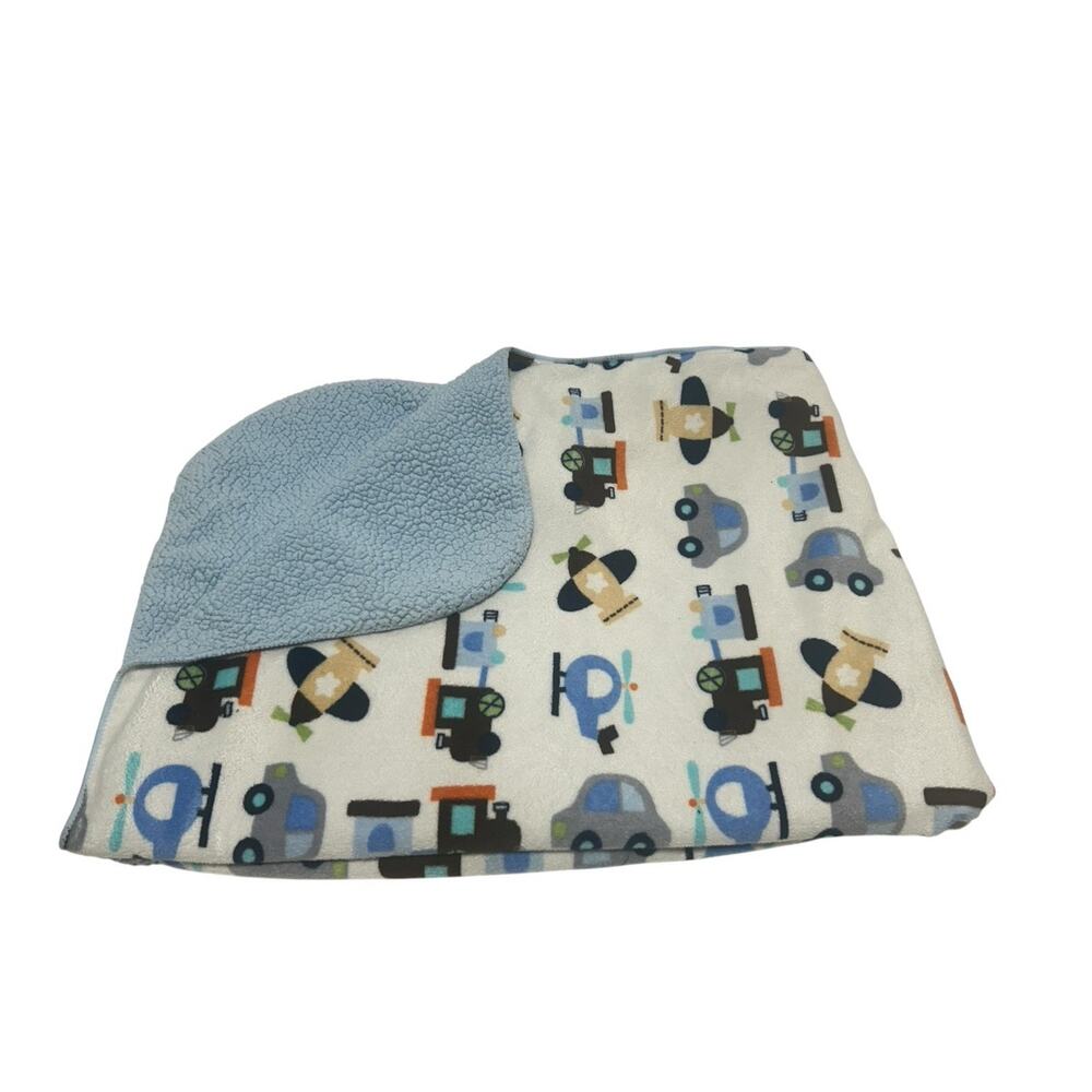 Circo White Blue Car Train Helicopter Airplane Vehicle Baby Blanket Sherpa